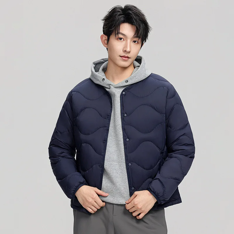 Man Down Jacket Winter Simple Solid Color Round Collar Male Outerwear Single-breasted Long Sleeve Lightweight Soft Men Coat