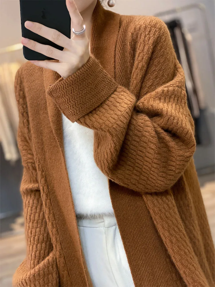 100% Cashmere Wool Coat Cardigan Women\'s 2022 Autumn Winter New V-neck Heavy High-end Knitted Sweater Loose Mid-length Jacket