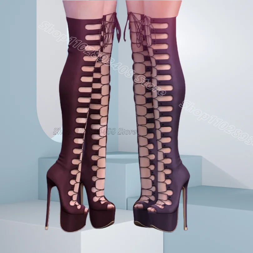 Silk Lace up Peep Toe Boots Platform Stiletto Heels Spring New Fashion Women Party Casual Over Knee Boots Zapatos Para Mujere