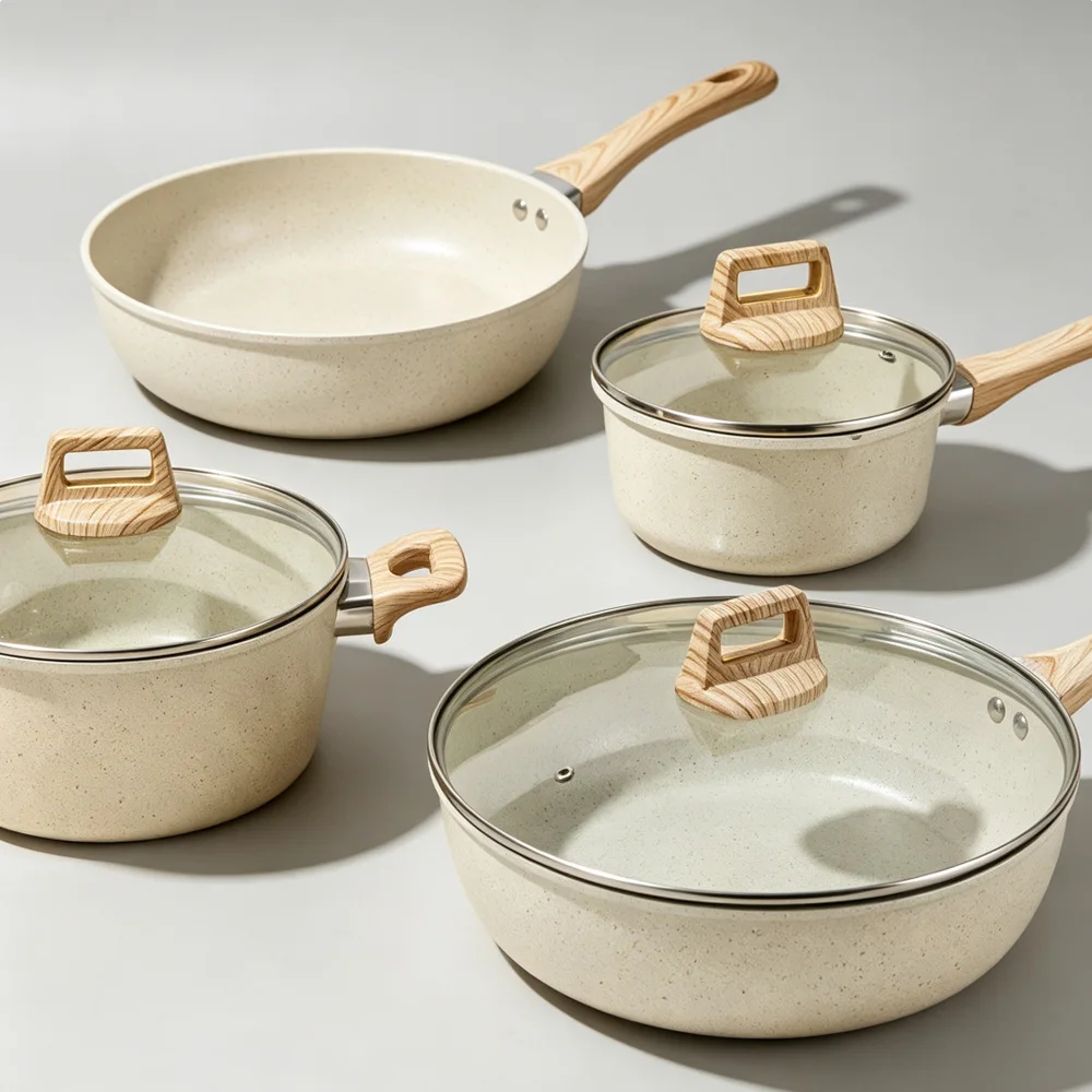Cookware Set with Glass Lids, Frying Pan, Wok, Stockpot & Milk Pan, Induction Gas Compatible Kitchen Cooking Pots