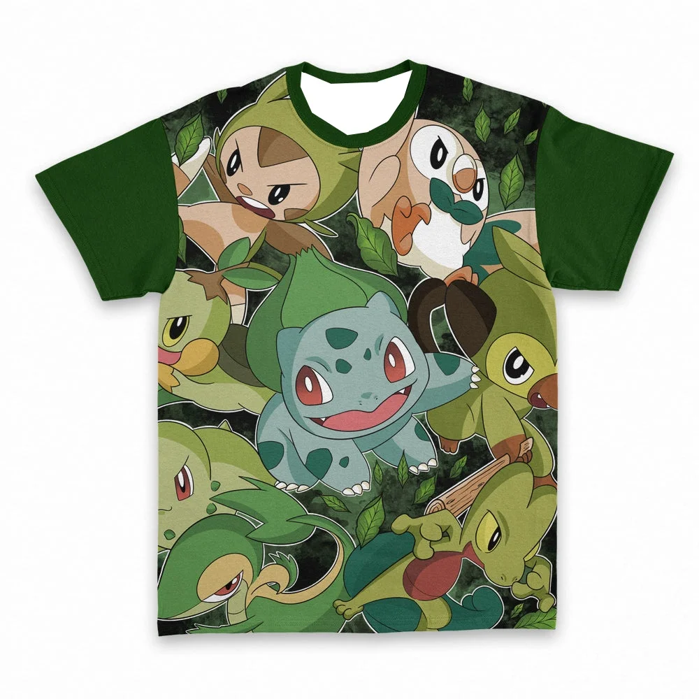 

Pokemon Grass Type Starter Pokemon Collage Green Sleeve T-Shirt Anime Graphic Tee