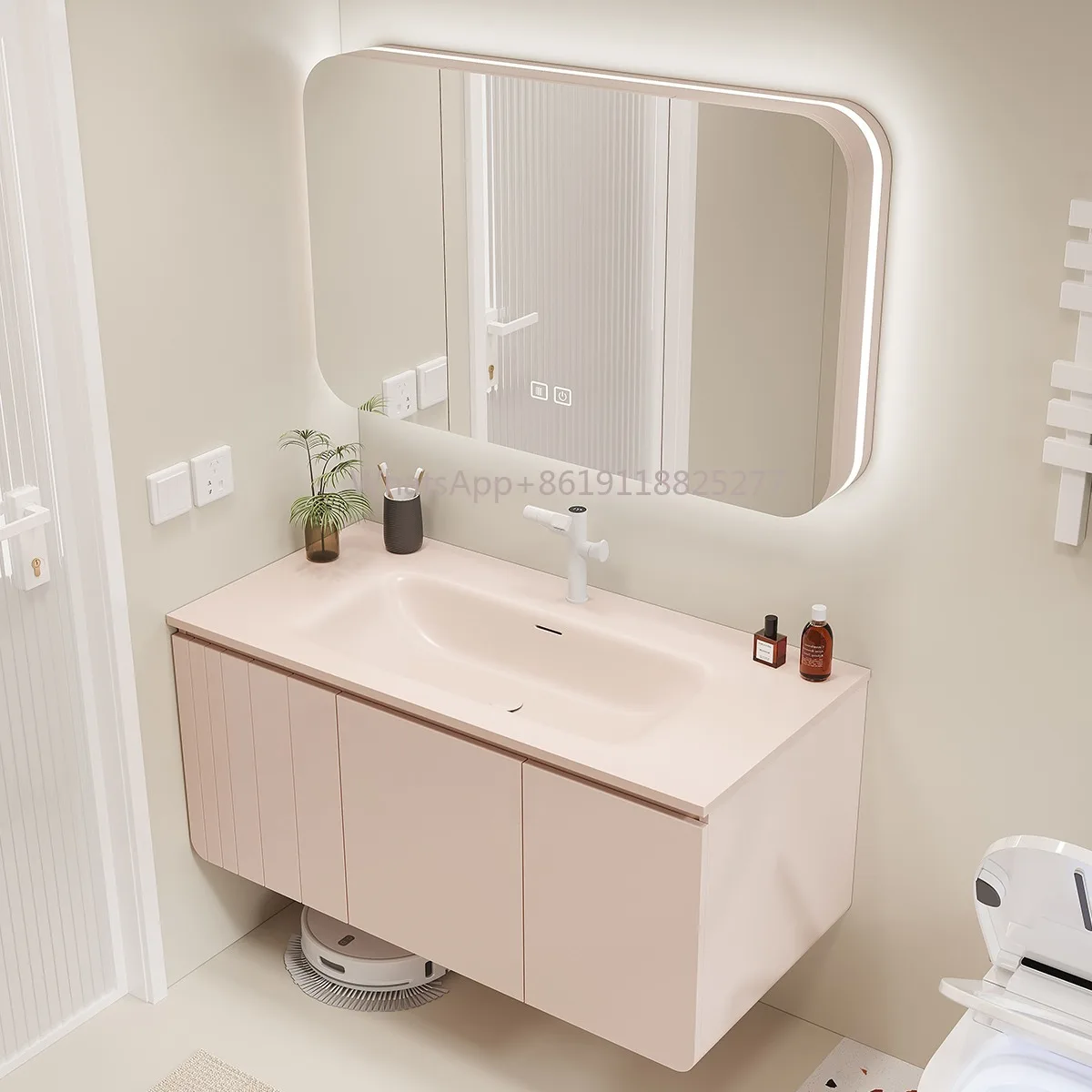 Mesa de baño de lujo con luz de combinación, lavabo integrado de cerámica, gabinete de lavabo