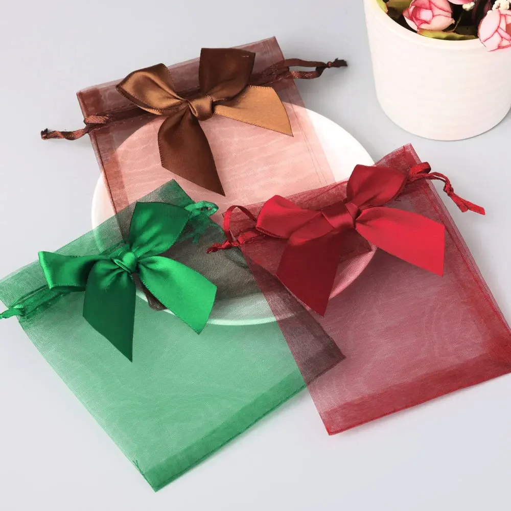 

50pcs/Lot Bow Organza Jewelry Bags 9x12 10x15 13x18cm Wedding Party Jewelry Candy Drawstring Packaging Pouch Gift Bag Wholesale