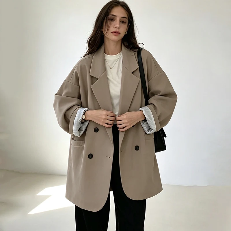 Women Oversized Double Breasted Blazer Notched Lapel Loose Mid Length Long Sleeve Casual Work Suit Jacket Daily Office Outerwear