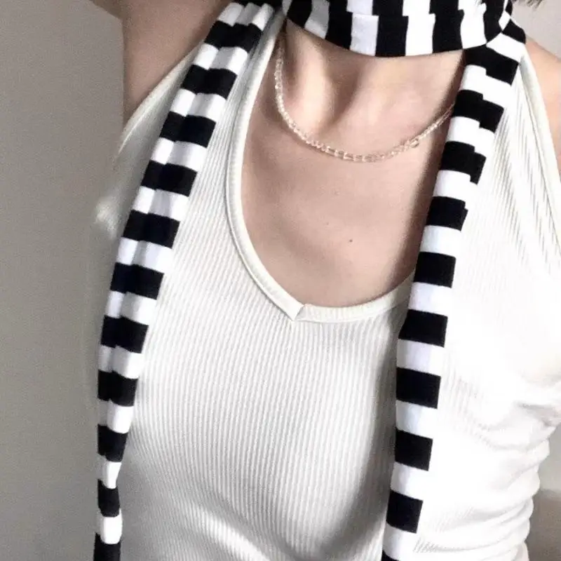 Fashion Harajuku Women Cotton Scarves Y2k Black Grey Colorful Stripe Narrow Long Scarves 180cm Long Decorative Neckerchief