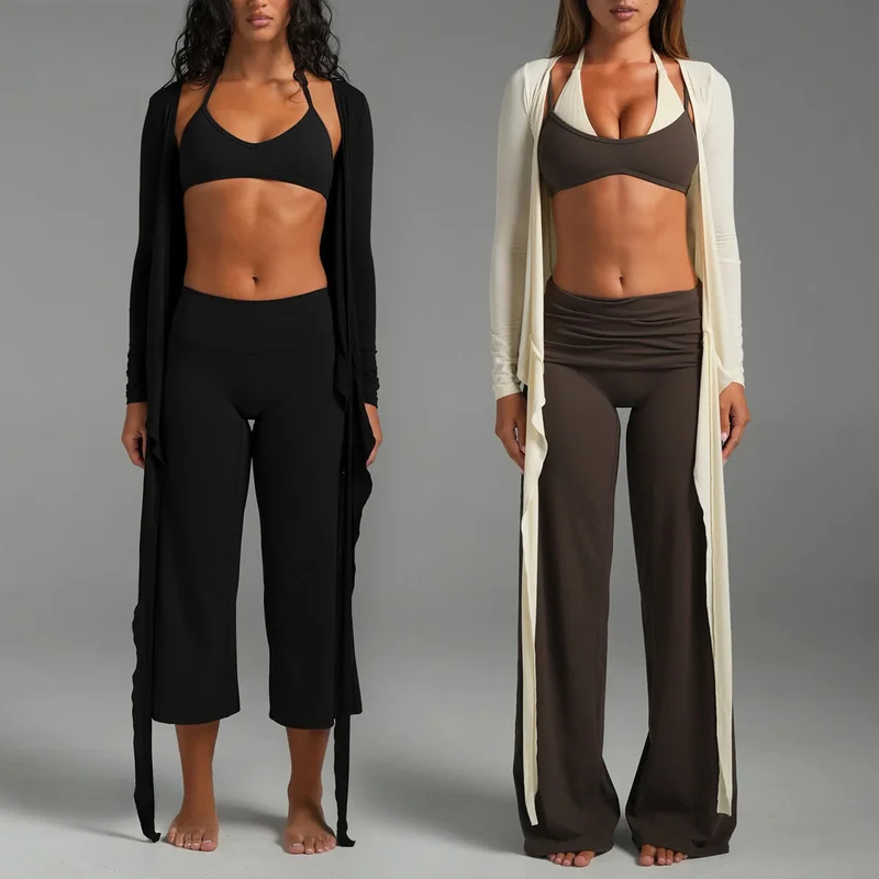 3Pcs Women Yoga Outfit Contrast Halter Sports Bra Tie‑Front Long Sleeve Cover Up High Waist Wide Leg Pants Pilates Fitness Set