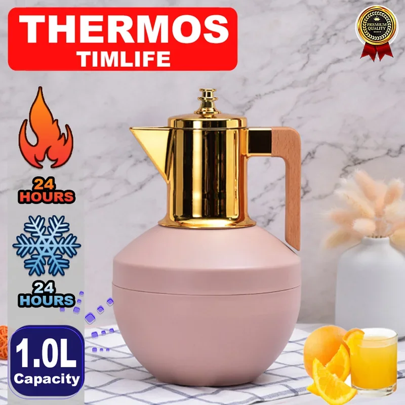 1L Thermos Tea Coffee Carafe Insulated Luxry Design Hot Cold Watter Bottles Termos Gold Color Glass Refil