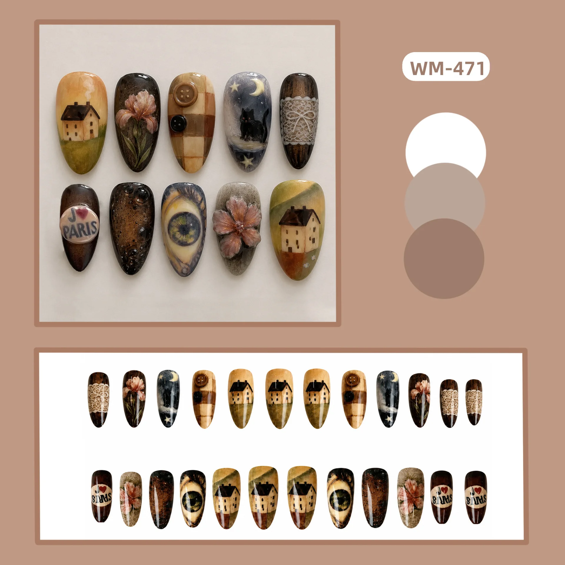 24PCS Vintage Oil Painting Press on Nails Country House Black Cat Iris Flower Human Eye Plaid Button Lace Bow Charms False Nails