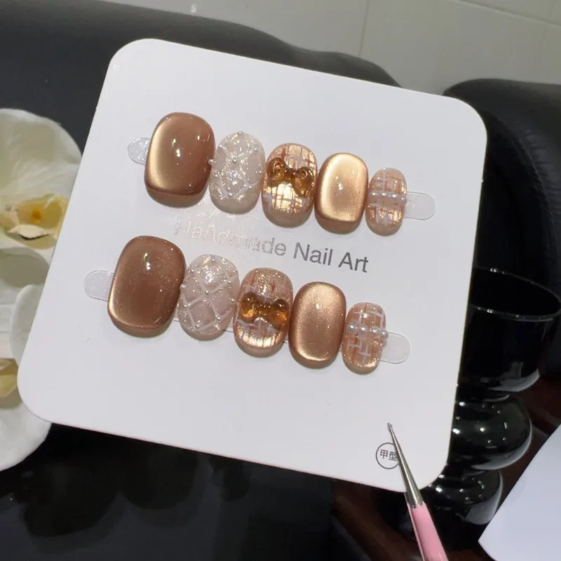 

10pcs Handmade Nails Press on For Women Autumn Winter Brown Gold Short False Nails with Tools 3D Bow Nail Tips High Quality 2025