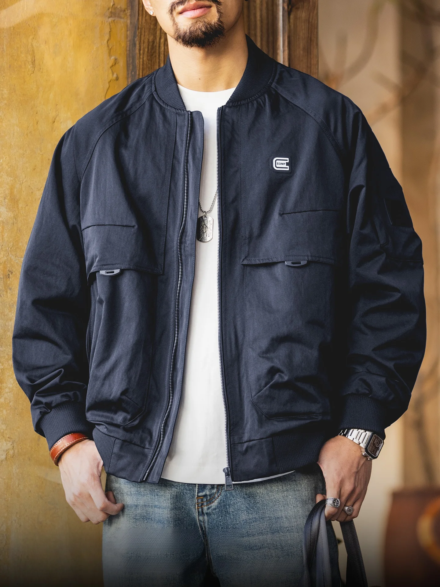 Loose Fit American Style Men's Black Casual Pilot Jacket Baseball Shirt Workwear Coat Windproof Polyester Fiber Long Sleeve