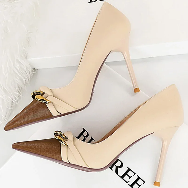 Luxury Women 9.5cm High Heels Wedding Patchwork Pumps Lady Replica Metal Chain Stiletto Heels Fashion Sexy Evening Prom Shoes