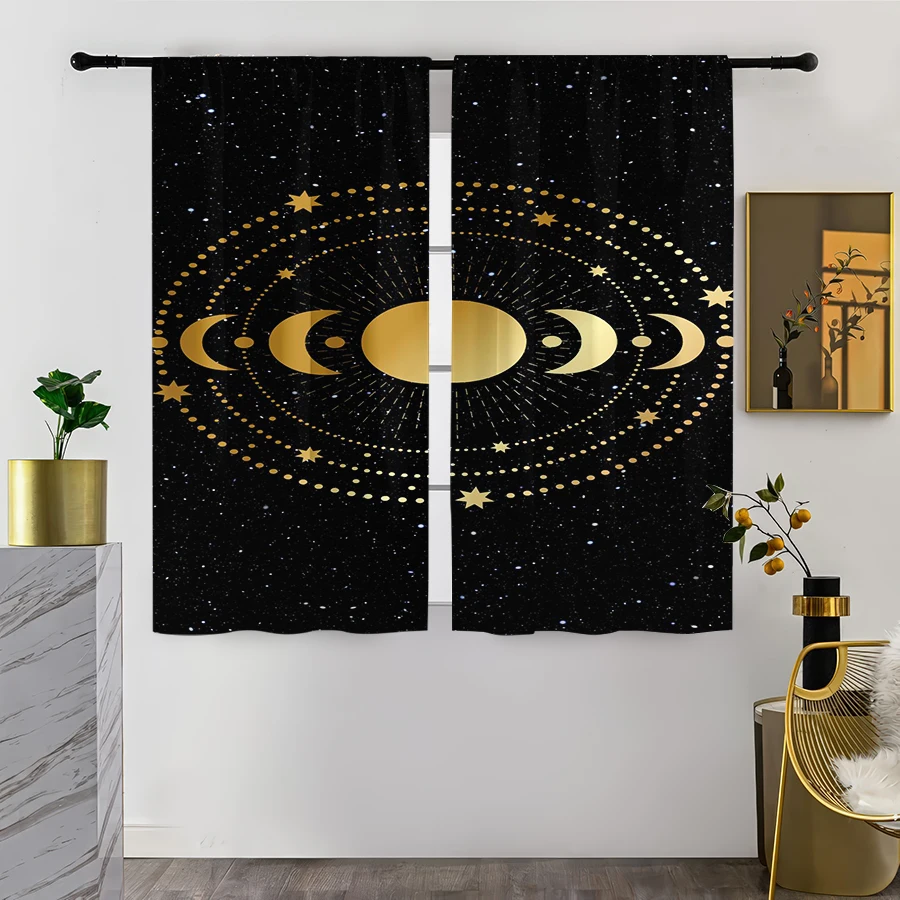 2PCS Digital Print Curtain, Golden Moon Phase Cycle Stars Ring, Astrology Celestial Boho for Living Room Bedroom Decor