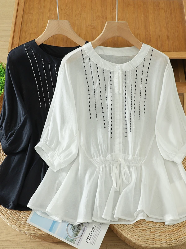 

Unique Lightweight Flax Shirt Short Sleeve Loose Super Fairy Tale Doll Top Embroidered Summer Casual Cotton Linen Polyester B...