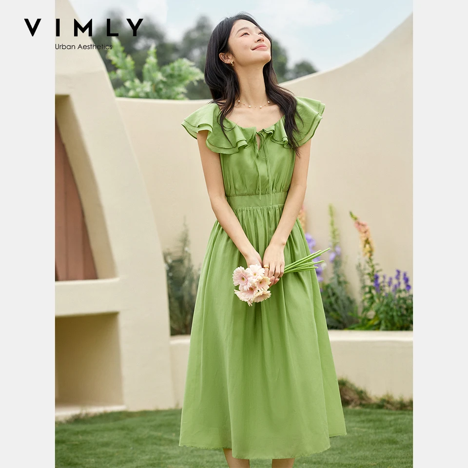 VIMLY Dresses 2026 Women's Summer Midi Elegant Green Ladies Dress French  U-neck Sleeveless Flounced Edge Woman Clothing A1712 - AliExpress 200000345