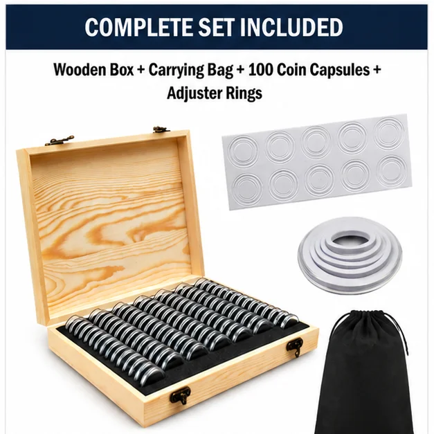 100 Slots Wooden Coin Collection Box Coin Display Case with Clear Lid Commemorative Coin Storage Holder for Collectors