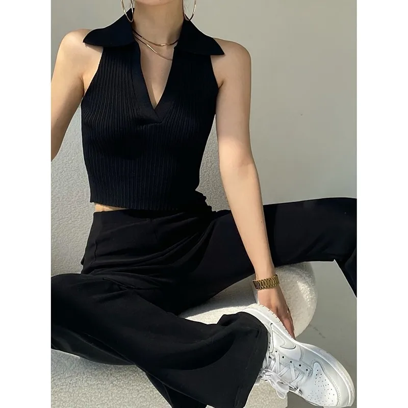 French Ice Silk Shirt Women's 2024 Summer Wear Knitted Vest New Style Fashion Slim Lapels Sleeveless Knitwear Women's Tank Top