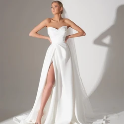 Vestido De novia De satén con abertura lateral, Túnica De línea a, longitud hasta el suelo, blanco, Simple, elegante, tren De barrido, sin mangas