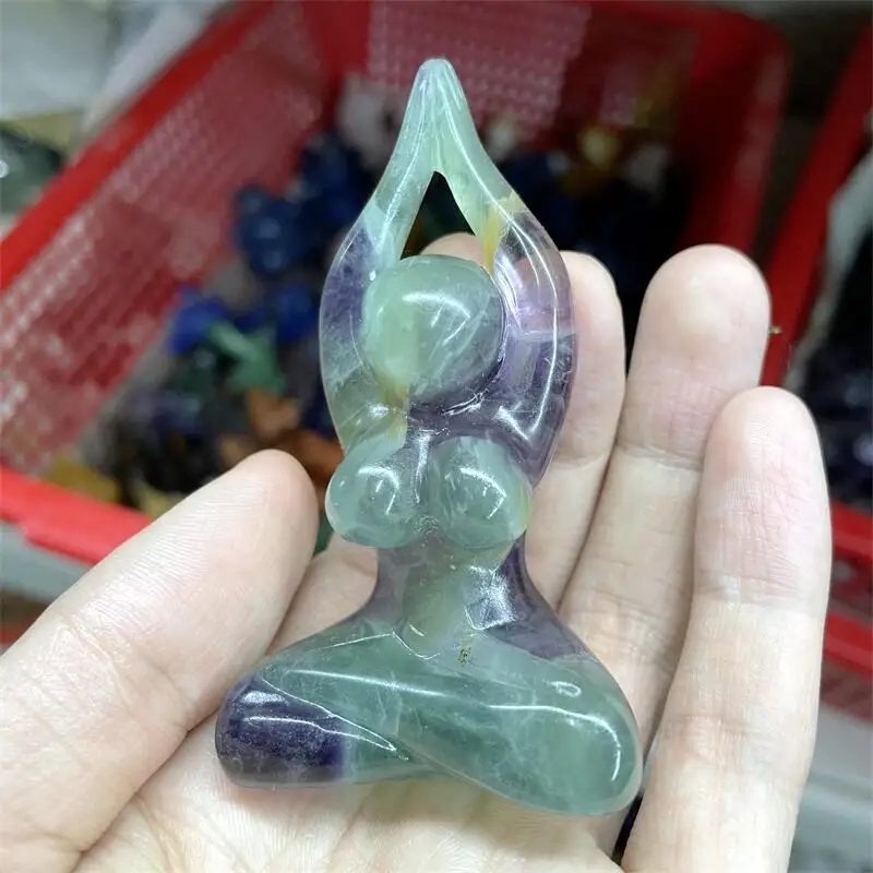 Natural High Quality Fluorite Crystal Goddess Quartz Statue Carved Woman Yoga Stone Gem Body Sculpture Energy Healing 1pcs