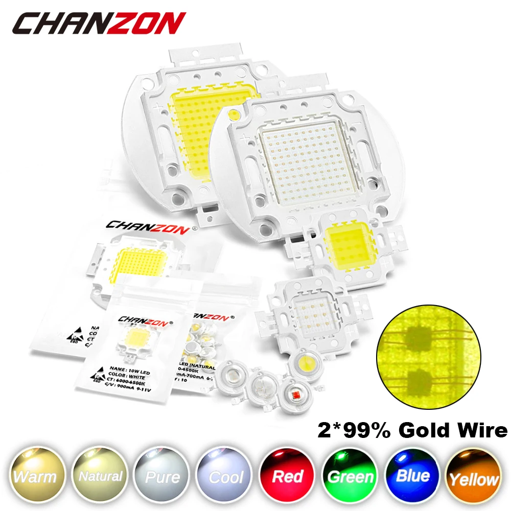 Chip LED dużej mocy 1W 3W 5W 10W 20W 30W 50W 100W Ciepły zimny biały Czerwony Zielony Niebieski Żółty SMD Light Bead 1 3 5 10 20 50 100 W Watt