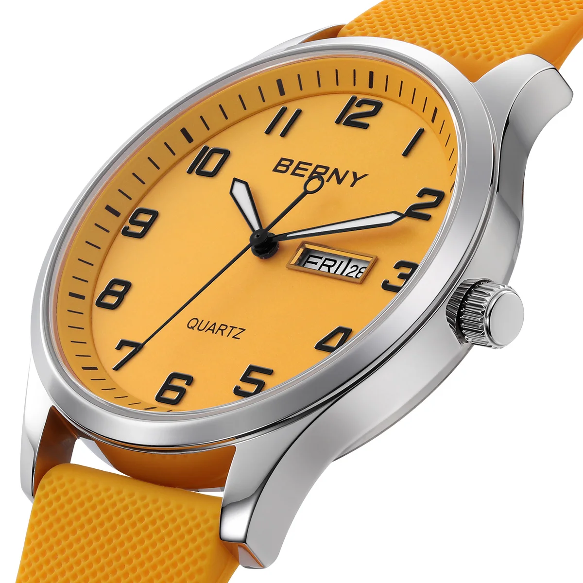 BERNY Men\'s Watches Luminous Calendar Week Quartz Men Watch Casual Soft Silicone Strap Easy Read Big Dial Sports Wristwatch