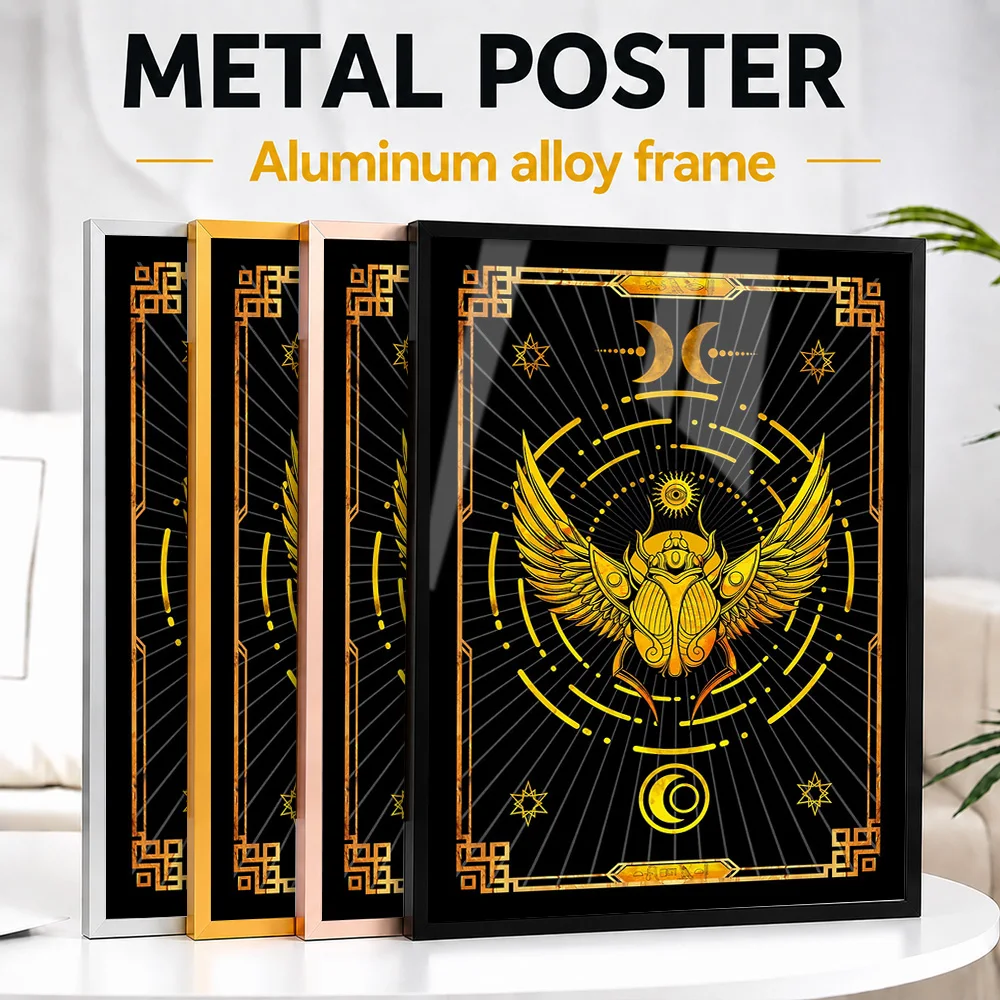Golden Scarab Beetle With Wings Egypt Framed Aluminum Metal Poster Personalized Painterly Wall Art For Study, Fantasy Fan Gift