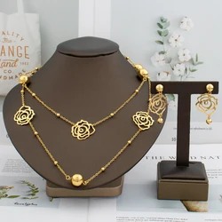 2023 New Dubai Gold Color Bead Chain for Women Rose Flower Earrings Pendant Copper Luxury Necklace Jewelry Set Bride Long Chain