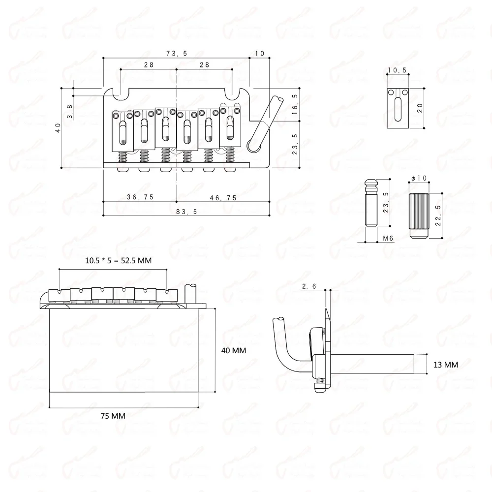 1 Set 2 Point 10.5mm Stainless Steel / Brass/ Titanium Alloy Saddle and Block 510 Style Tremolo System Bridge