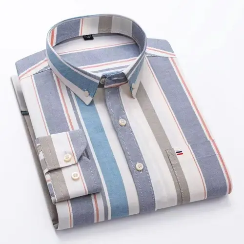 Imagen 2 del producto Camisa de manga larga informal Oxford a cuadros a rayas para hombre, vestido de negocios ajustado con diseño de botones y cuello transpirable cómodo