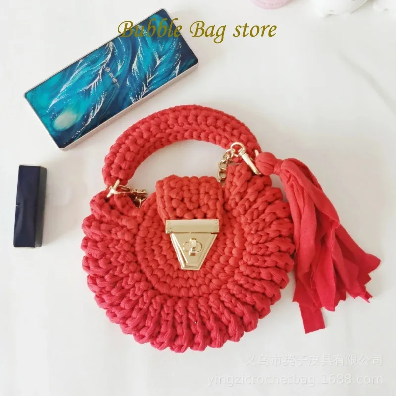 Women's Solid Color Fabric Crochet Bag Hot Selling Circular Tassel Shoulder Diagonal Crossbags for Women Luxury Designer Handbag