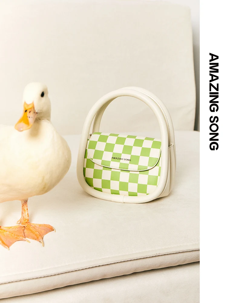 Amazing Song Green Pink Checkerboard Bag Soft Bag Family Handbag Crossbody Bag Hasp Niche Design