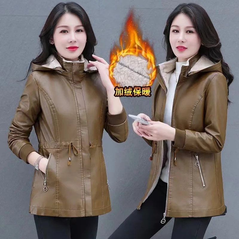 Autumn Winter Jackets Plus Velvet Women\'s Leather Coat 2024 Black Green Hooded Fashion Outwear Zipper Thick Warm Short Jacket