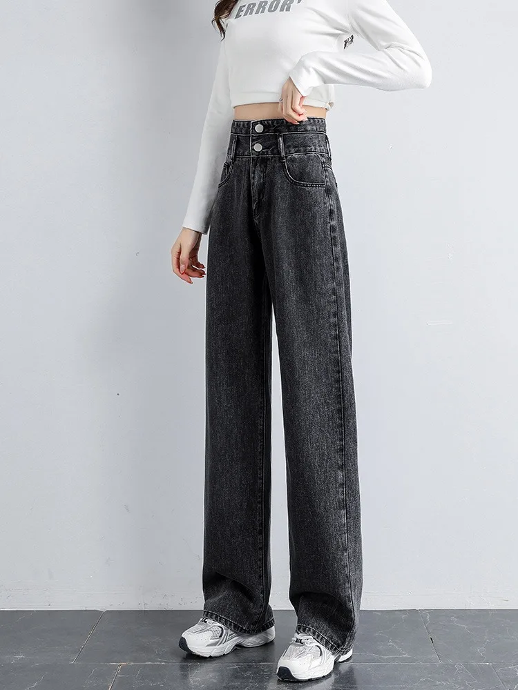 

Легкие прямые джинсы с высокой талией, женские летние новые девятиточечные свободные широкие брюки небольшого размера, драпированные брюки длиной до пола