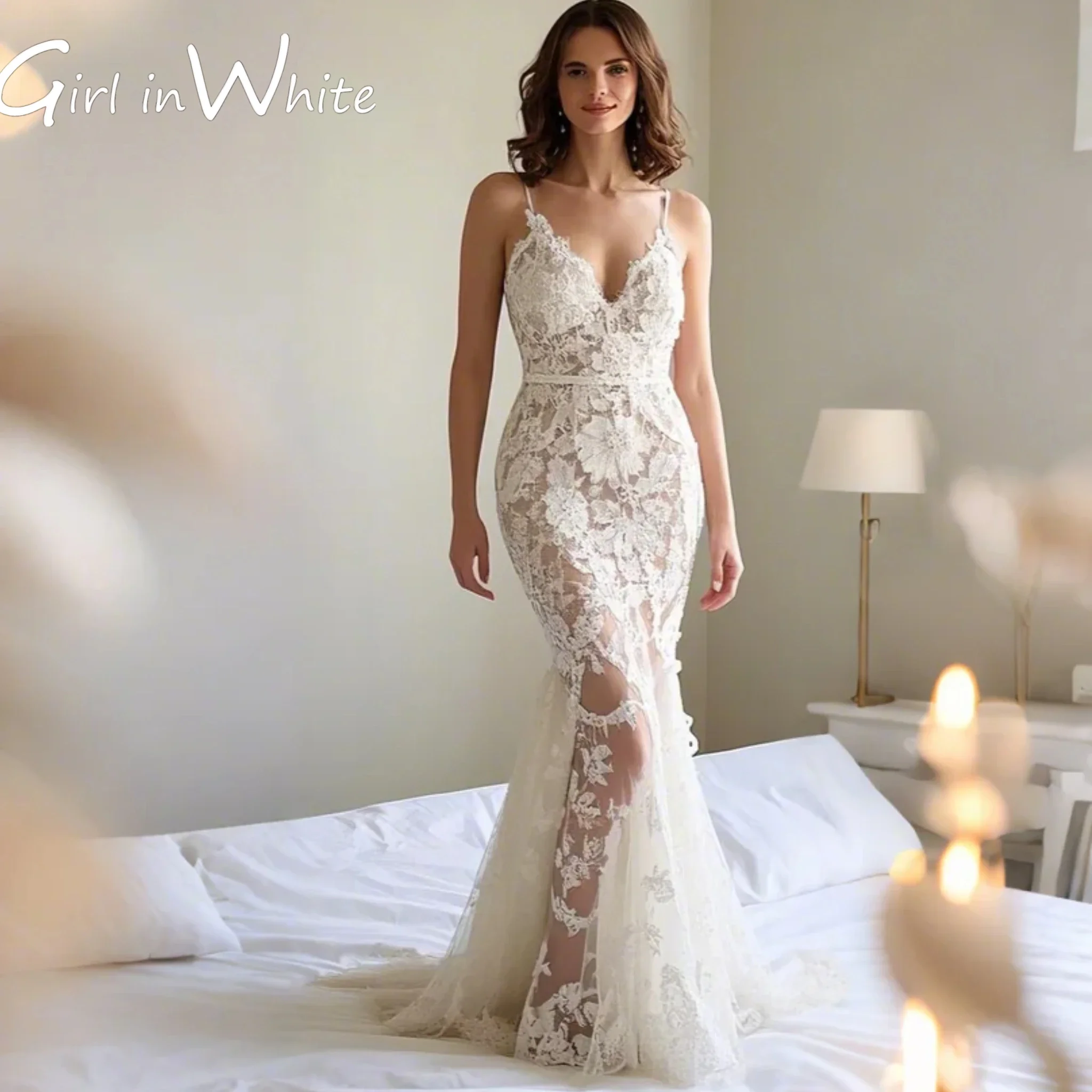 Mermaid Romantic Sexy Beach Wedding Dress Lace V Neck Sweep Train Appliques Backless Sweet Bridal Gown 2026 free customized