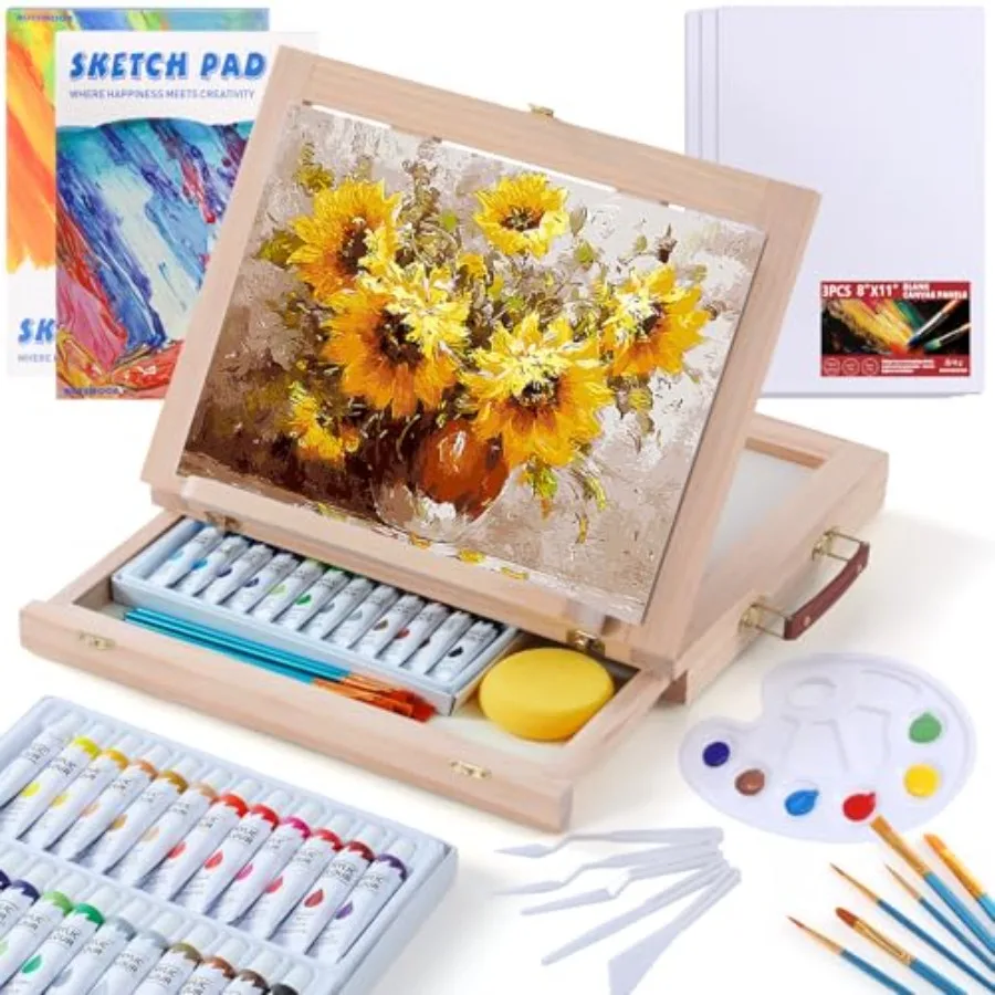 

Wooden Tabletop Art Easel Set for Painting 54 Pieces Starter Acrylic Paint Set with 24 Colors Acrylic Paints Canvases Sketch Pa