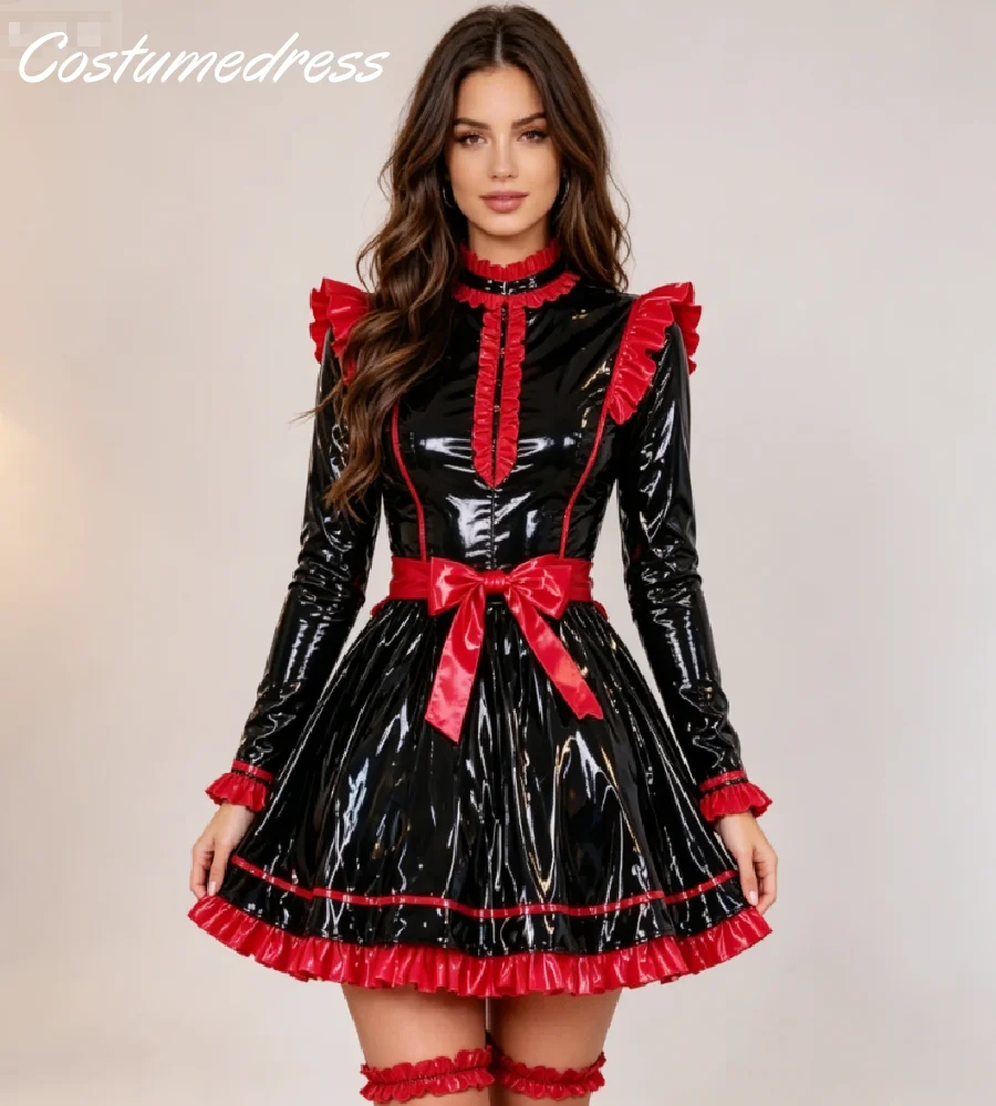 

Black Red Shiny PVC Short Evening Dress High Neck Long Sleeve Ruffle Mistress Gothic Halloween Cosplay Prom Gown Maid Costume