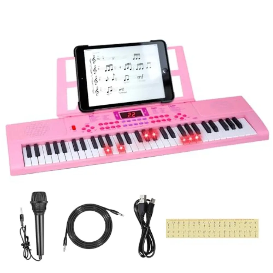 

Keyboard Piano, 61 Light-up Key Electric Piano Musical Learning Toy for Beginners with Microphone, Music Stand, Notekey Sticker