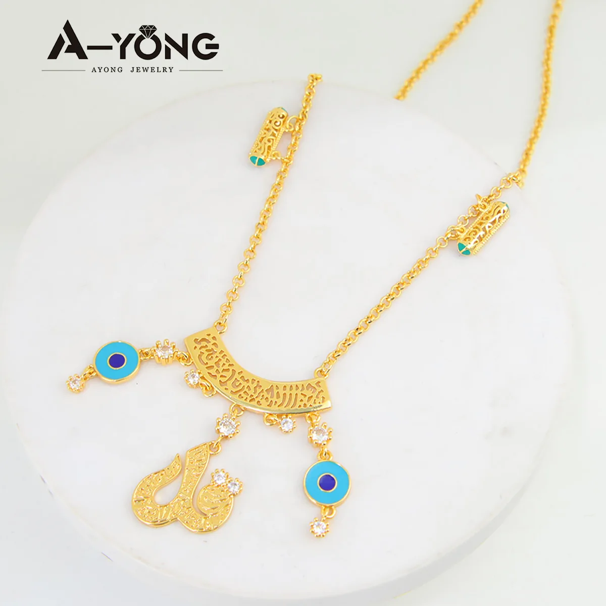 Saudi Letter Long Necklace 21k Gold Plated Personality Blue Eyes Arab Women Choker Dubai Bridal Wedding Banquet Accessories