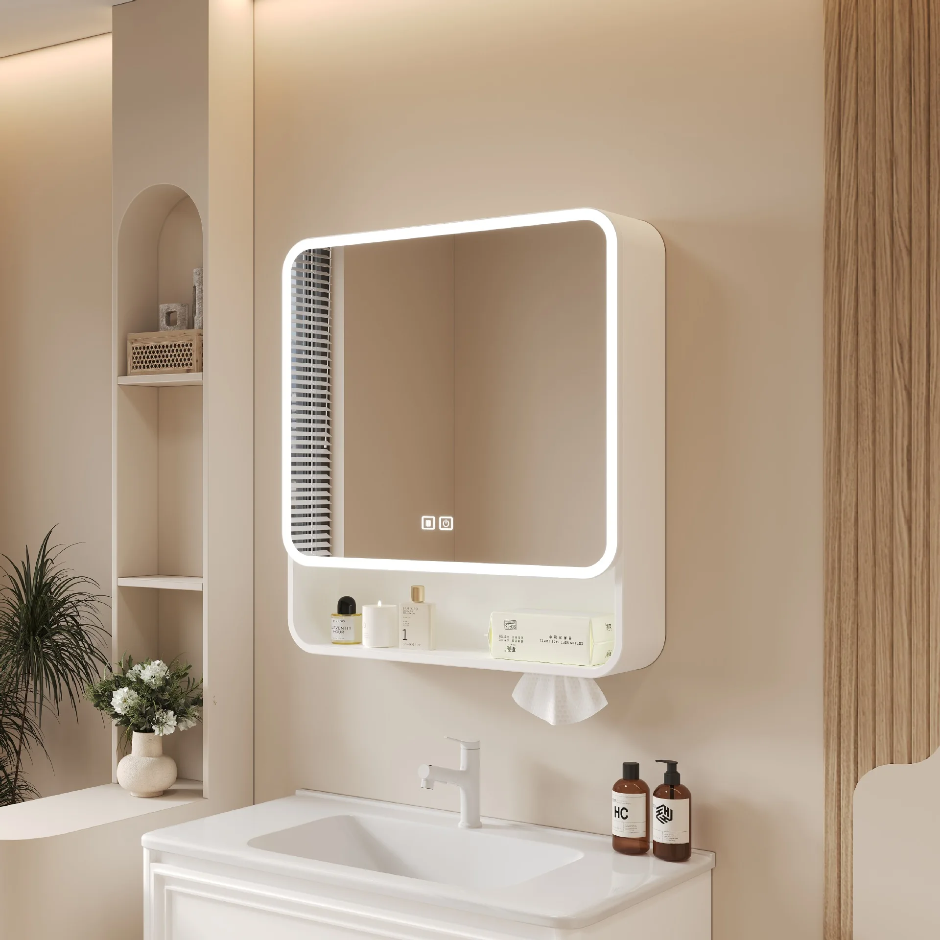Curved space aluminum bathroom mirror cabinet, separate bathroom, wall-mounted smart mirror with lamp storage integrated box