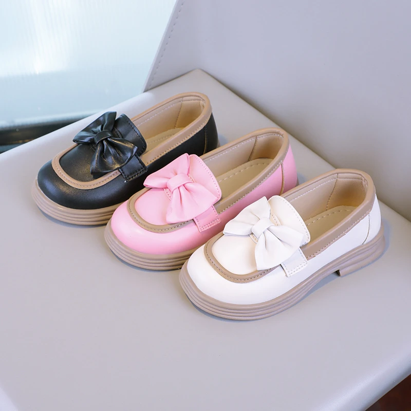 2024 New Girls Loafers Cute Bow Fashion Kids Leather Shoes Slip-on Bow Non-slip Children Casual Shoes Drop Shipping Round-toe