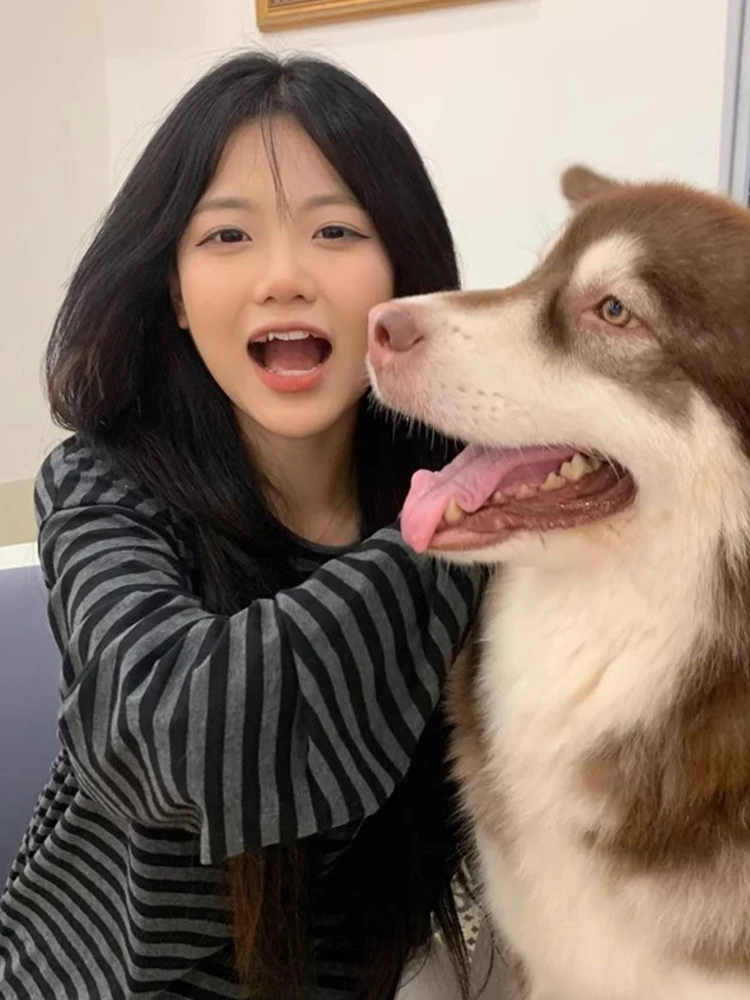 Los lang Sve gestreept T-shirt dames lente herfst winter Koreaanse Sle casual comfortabel klein formaat top Amerikaanse retro