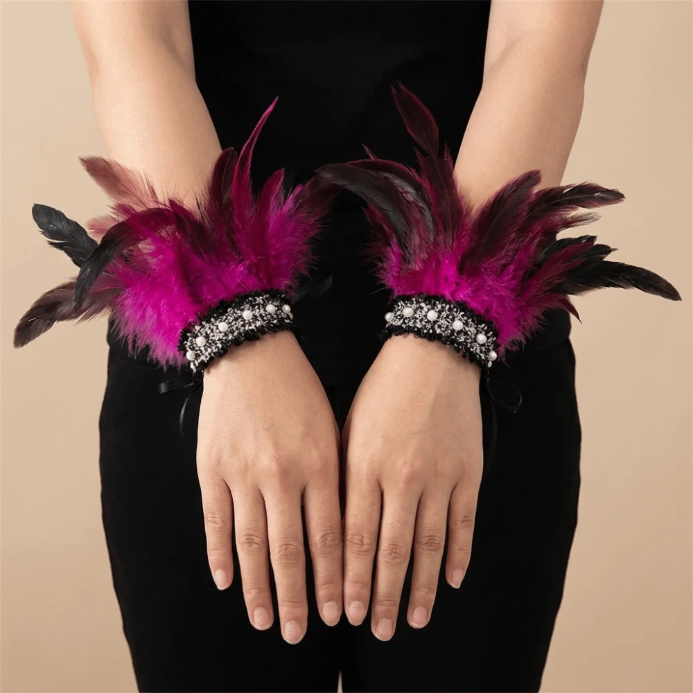 Elegant Lace Feather Wrist Cuffs Adjustable Pearl Halloween Arm Cuff Gloves Lightweight Wristband Stage Performance