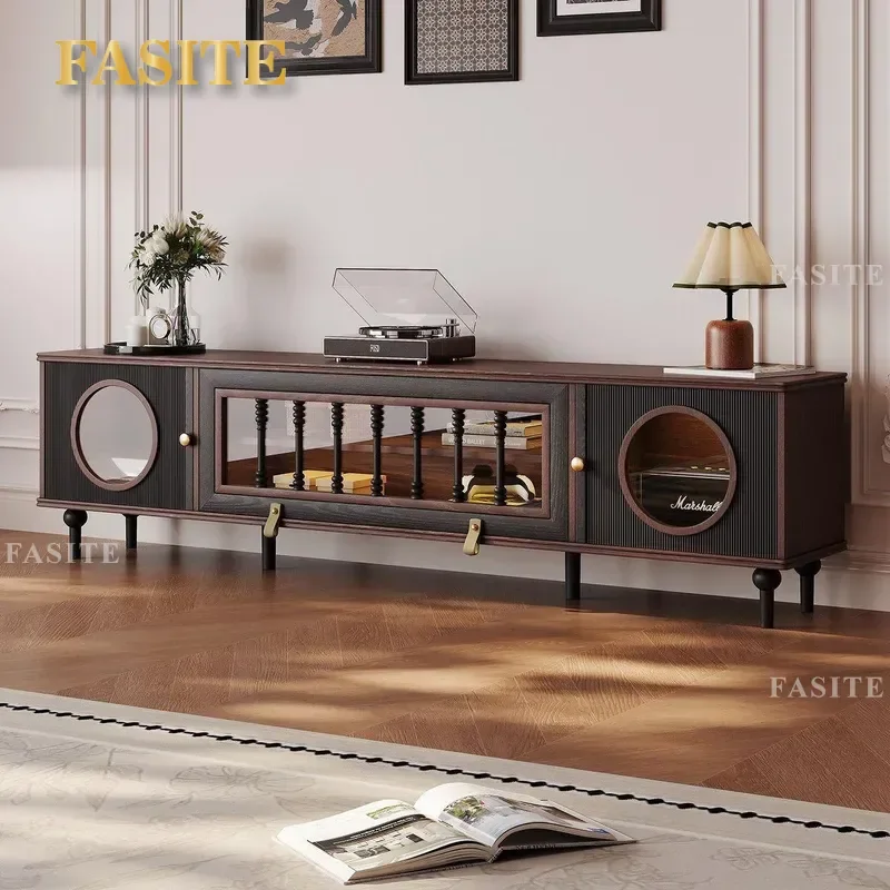 French Retro Solid Wood TV Stand Black Media Console Storage Cabinet for Small Apartment Living Room American Medieval Style