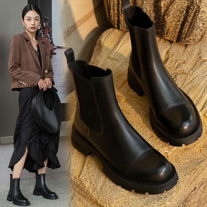 2024 Winter Shoes Women Leather Ankle Boots Women Round Toe Thick Heel Platform Shoes Solid Chelsea Boots Casual Women Boots