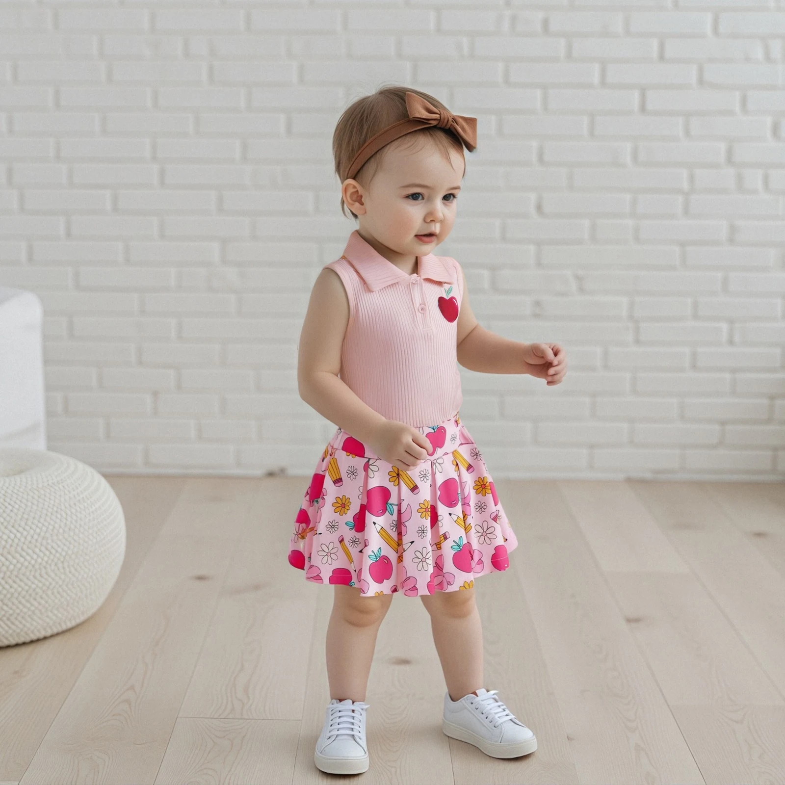 2-7Y Kids Girl Back to School Outfit Apple Embroidery Lapel Tank Tops and Pleated Skirt Set for Toddler Summer Clothes