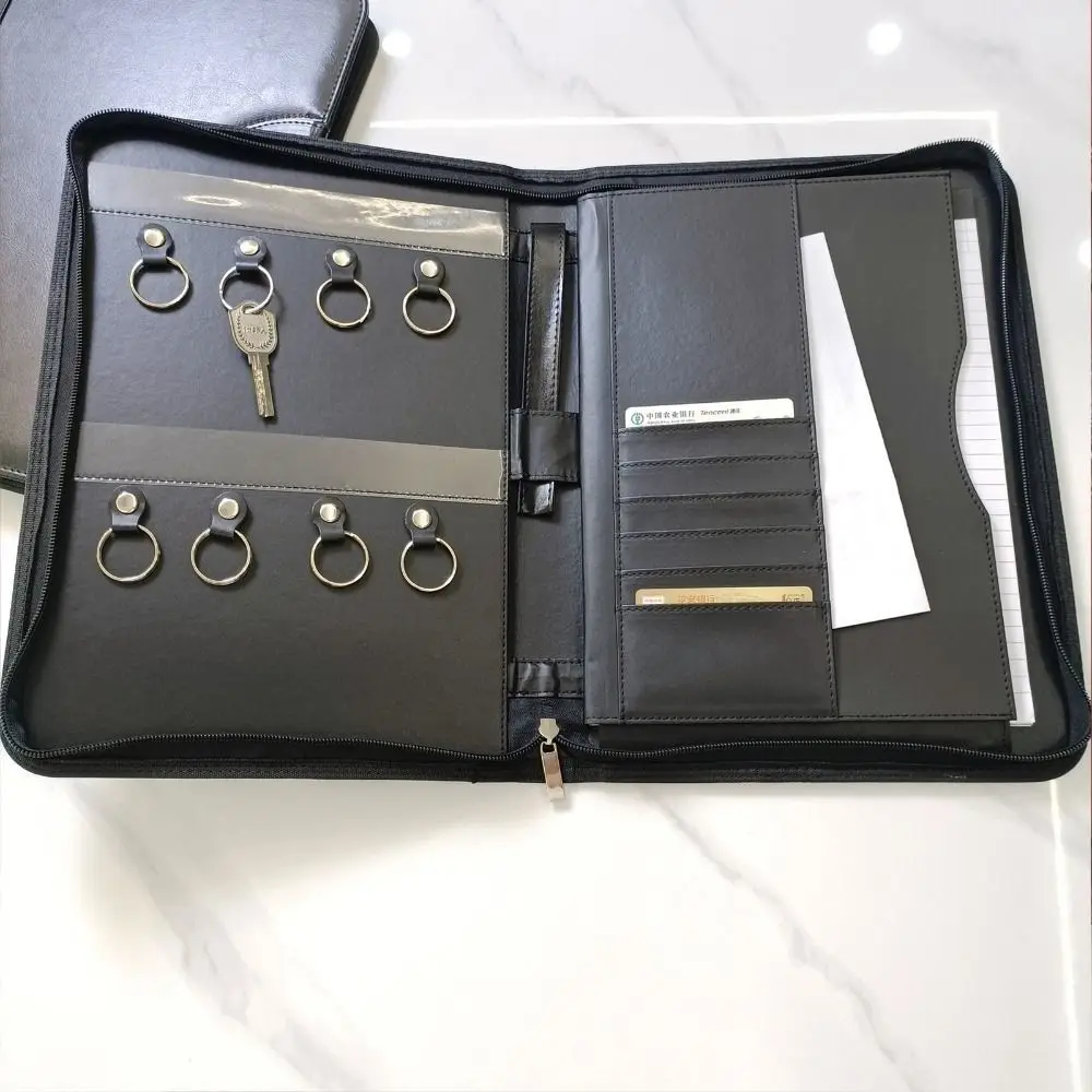 Borsa porta chiavi da lavoro in pelle PU con cerniera Cartella di file A4 di grande capacità Slot per schede multifunzionali Cartella documenti A4