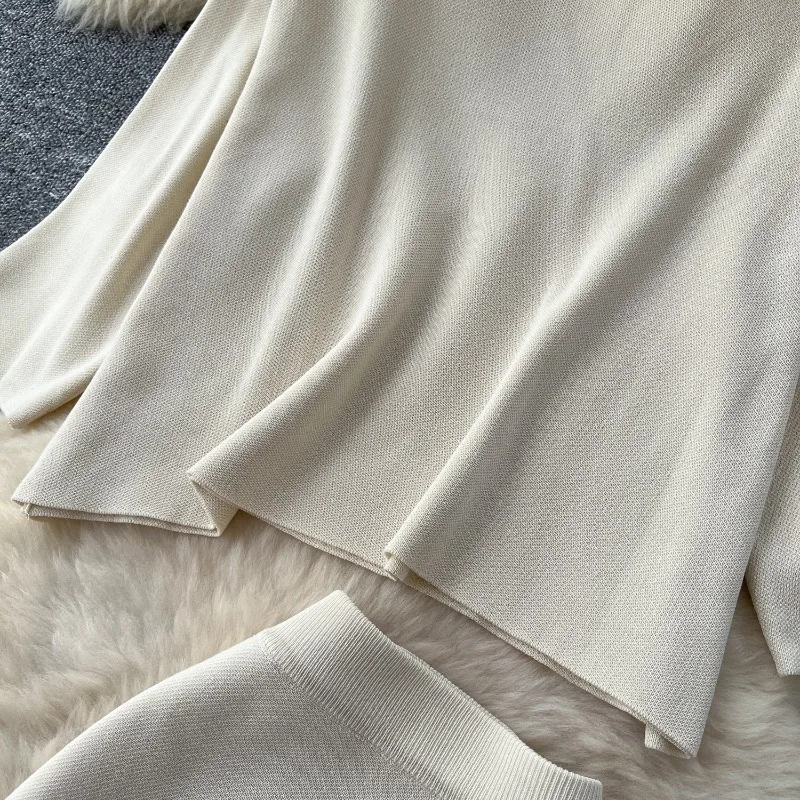 Lazy Style Casual Relaxation Two-piece Set Women's Autumn Loose Round Neck Seven-sleeve Knitted Sweater Tops Hip Skirts Elegant