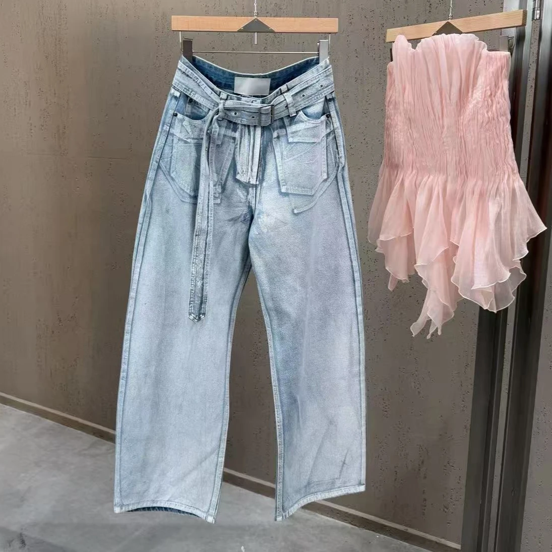 

Новые широкие джинсы с широким поясом и ручной росписью, светло-голубые, весна-лето 2026, модные брюки в уличном стиле