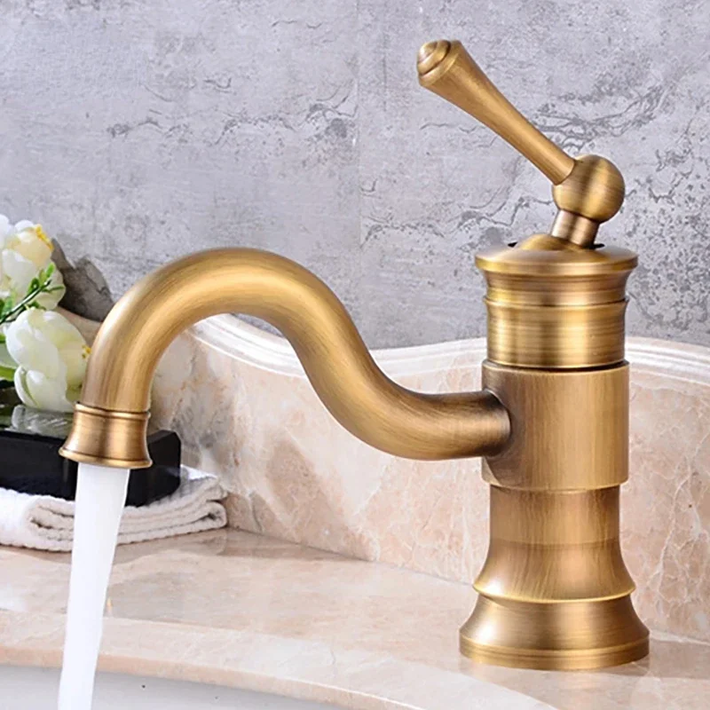 

Basin Faucets Antique Brass Faucet Single Handle Vintage Deck Mount Torneiras Hot Cold Bathroom Mixer Water Tap