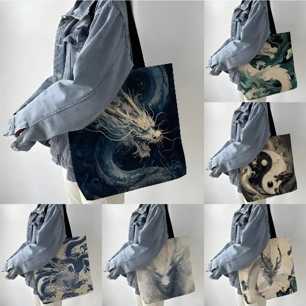 Storage Bags Linen Shopper Reusable Tote Grocery Storage Bag Portable Large Capacity Eastern Aesthetics Majestic Solemn Dragon
