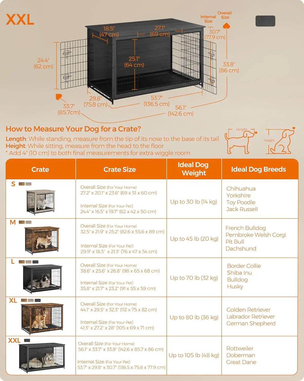 Feandrea Dog Crate Furniture, 56.1" Modern Kennel for Dogs Indoor up to 105 lb, Heavy-Duty Dog Cage with Multi-Purpose Removable
